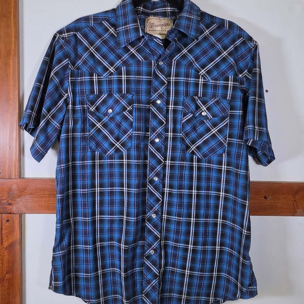 Wrangler Men's Short Sleeve Western Plaid Pearl Snap Shirt Blue White